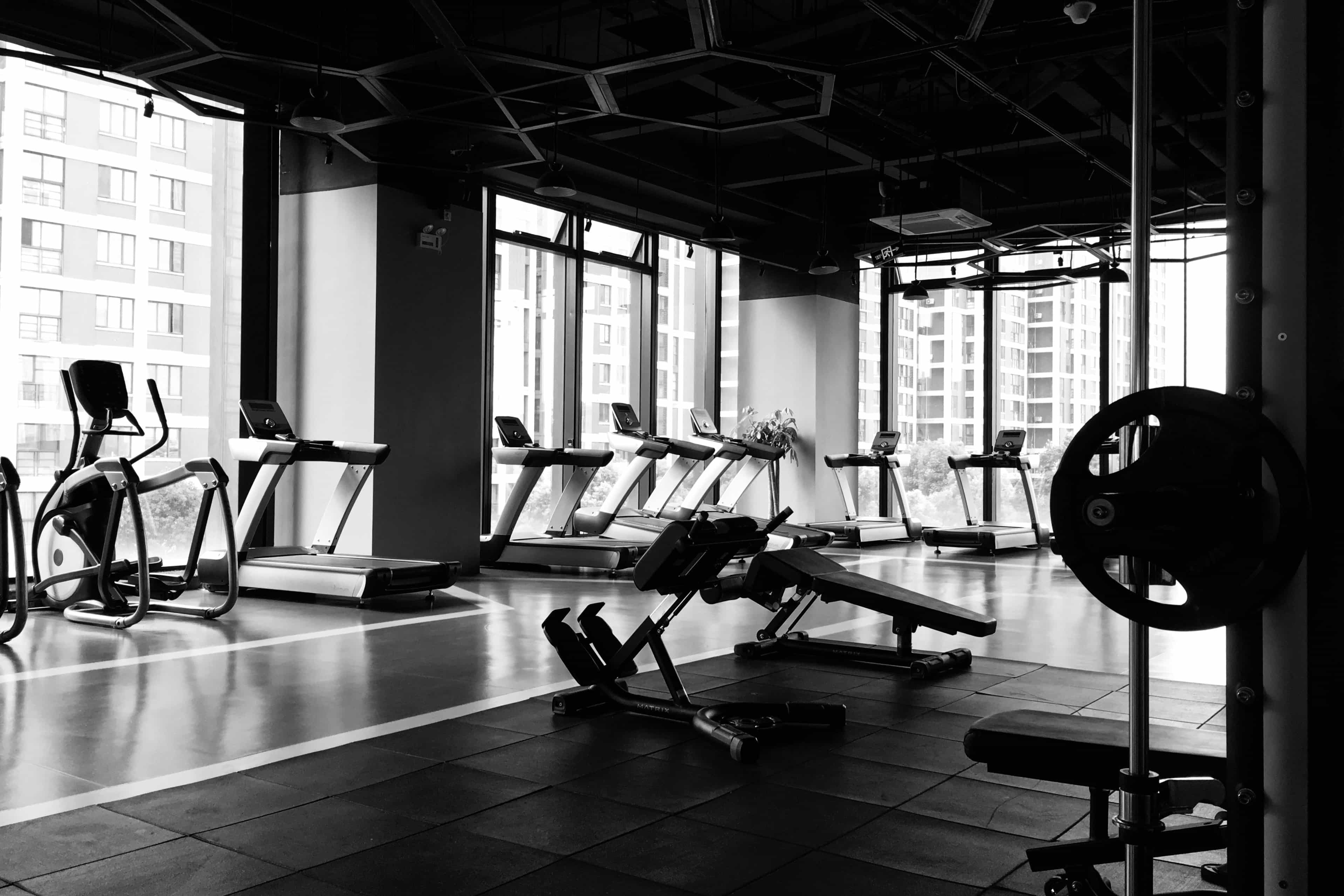 black and white photo of gym